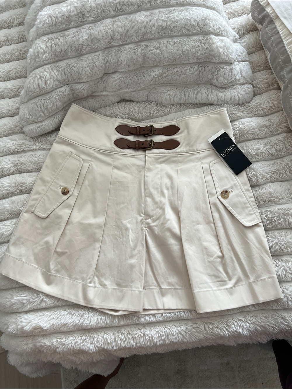 Lauren Ralph Lauren Cream Pleated Skort with Brown Buckle Straps